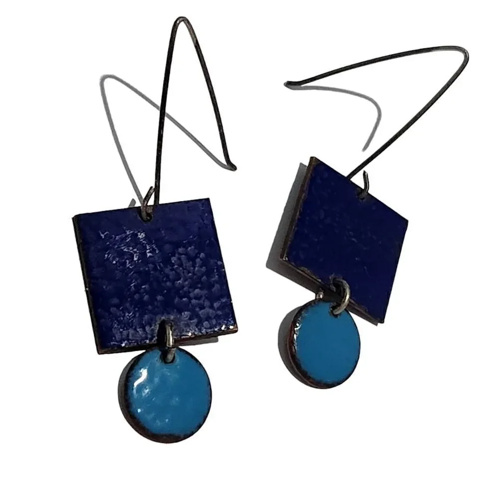 Pair of Earrings Copper Squares Drop Circle Glazed Blue Front